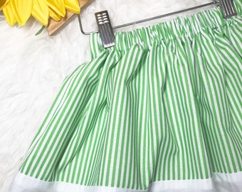 GREEN Striped Skirt, Handmade, Anglaise Trim, Cotton Girls Skirt