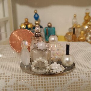 Miniature Silver and White Vanity Tray, Miniature Collectibles, Dollhouse Minis, Handmade, Miniature Perfume Bottles