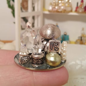 Miniature Silver Vanity Tray, Miniature Collectibles, Dollhouse Minis, Handmade, Miniature Perfume Bottles