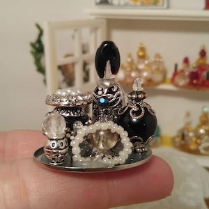 Miniature Silver and Black Vanity Tray, Miniature Collectibles, Dollhouse Minis, Handmade, Miniature Perfume Bottles