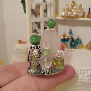 Miniature Silver and Green Vanity Tray, Miniature Collectibles, Dollhouse Minis, Handmade, Miniature Perfume Bottles