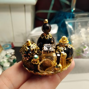 Miniature Gold and Black Vanity Tray, Miniature Collectibles, Dollhouse Miniatures, Miniature Perfume Bottles, Handmade