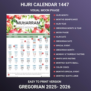 Hijri Calendar for Year 1447 and 2025 2026