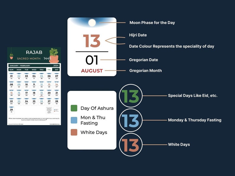Islamic Digital Wall Calendar for 1445 Hijri AH 2023 2024 Printable
