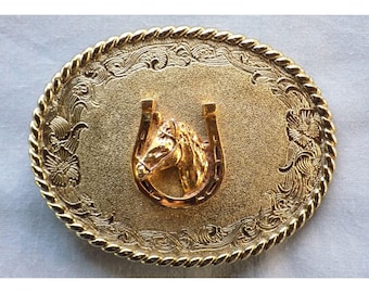 Raintree Gold Tone Horse Belt Buckle Vintage 1978