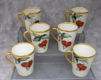T&V Limoges Chocolate Cups Cherries and Gold Set of 6
