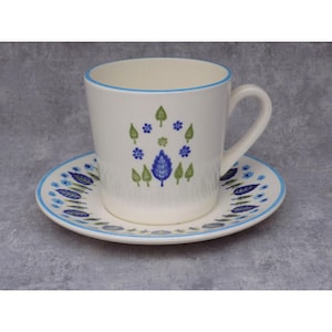May include: A white ceramic teacup and saucer set with a blue and green floral pattern. The cup has a handle and the saucer has a scalloped edge.