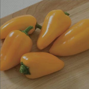 May include: Five small, yellow bell peppers with green stems are arranged on a light brown wooden surface. The peppers have a smooth, glossy texture and a vibrant, sunny color.