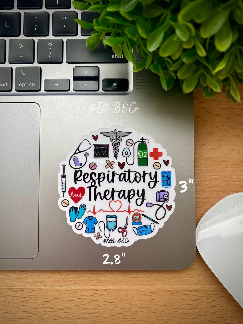 May include: A 3-inch round sticker with a white background and colorful medical illustrations. The sticker features the text "Respiratory Therapy" in red and white. The sticker is on a silver laptop.