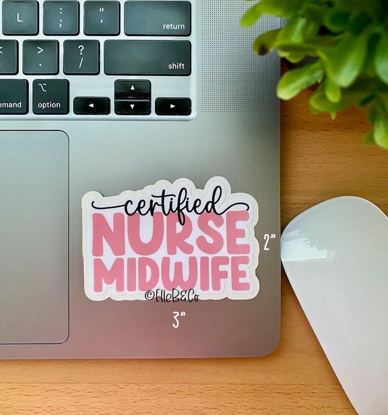 May include: A pink and black sticker with the text "certified NURSE MIDWIFE" and the social media handle "@ElleB&Co". The sticker is 3 inches wide and 2 inches tall.