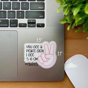 May include: A white sticker with a pink peace sign and the text "YOU see a peace SIGN, I see 5-6 CM @ElleB&Co" on a silver laptop. The sticker is 2.5 inches wide and 2.1 inches tall.