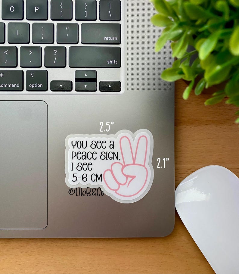 May include: A white sticker with a pink peace sign and the text "YOU see a peace SIGN, I see 5-6 CM @ElleB&Co" on a silver laptop. The sticker is 2.5 inches wide and 2.1 inches tall.