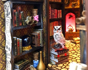 Book nook library Diorama Bookshelf Insert Dark Academia booknook, Wizard library, bookshelf insert, Magic light, Secret library