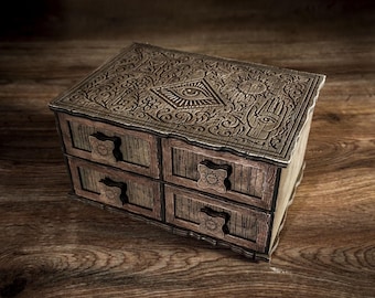 Wooden Tarot Card Box: 4 and 6 Drawers Birch Organizer, Aged Design