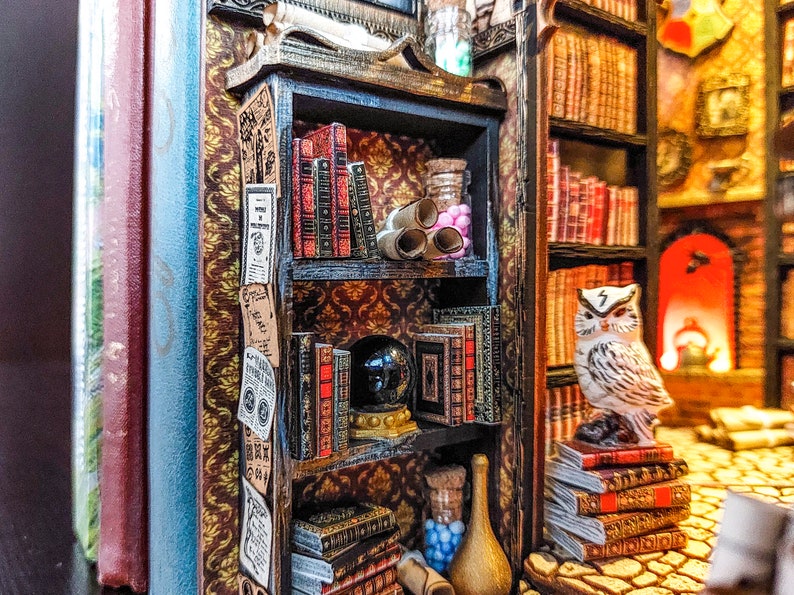 Book Nook Library, Dark Academia Booknook, Wizard Library, Bookshelf