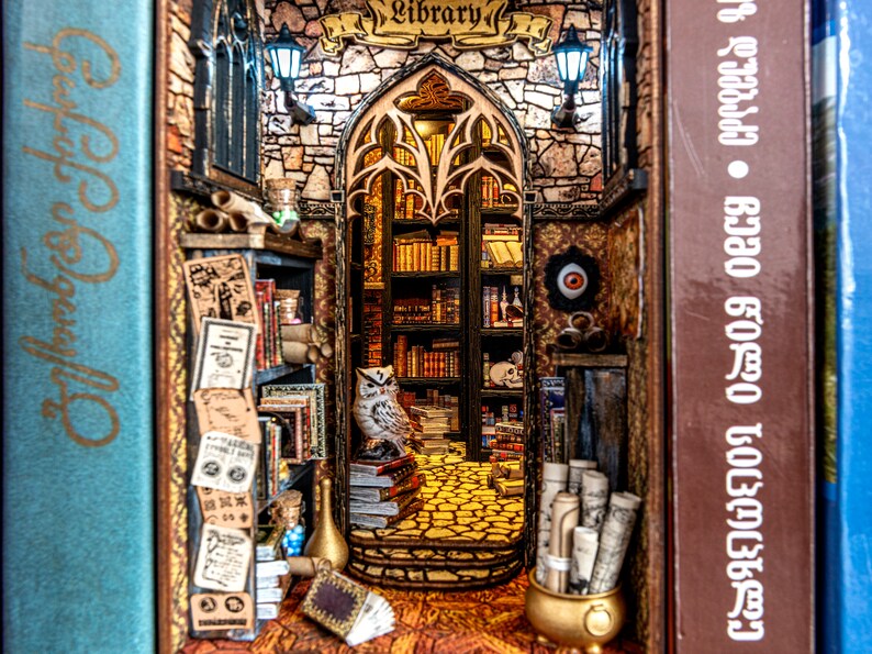 Book Nook Library, Dark Academia Booknook, Wizard Library, Bookshelf