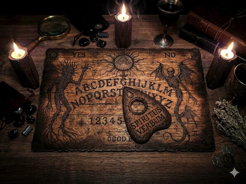 May include: A rectangular wooden spirit board featuring an engraved alphabet, numbers 1-9 and 0, the words YES, NO, and GOOD BYE, and illustrations of a sun and two winged figures. A matching wooden planchette with the text SPIRITUS VERBUM rests on top.