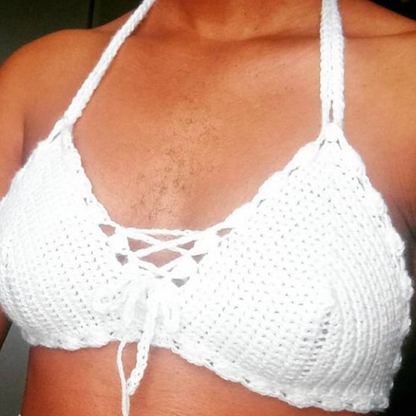 Crochet bralette pattern, Crochet bra top, y2k top,  Crochet tie front top, Adjustable bra straps