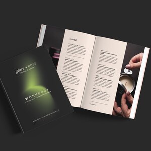 May include: A black workbook with the text "glare + rose CANDLE & DESIGN WORKBOOK" and a green gradient design. An open book displays text and a person's hands holding a candle. The theme is candle design and creation.