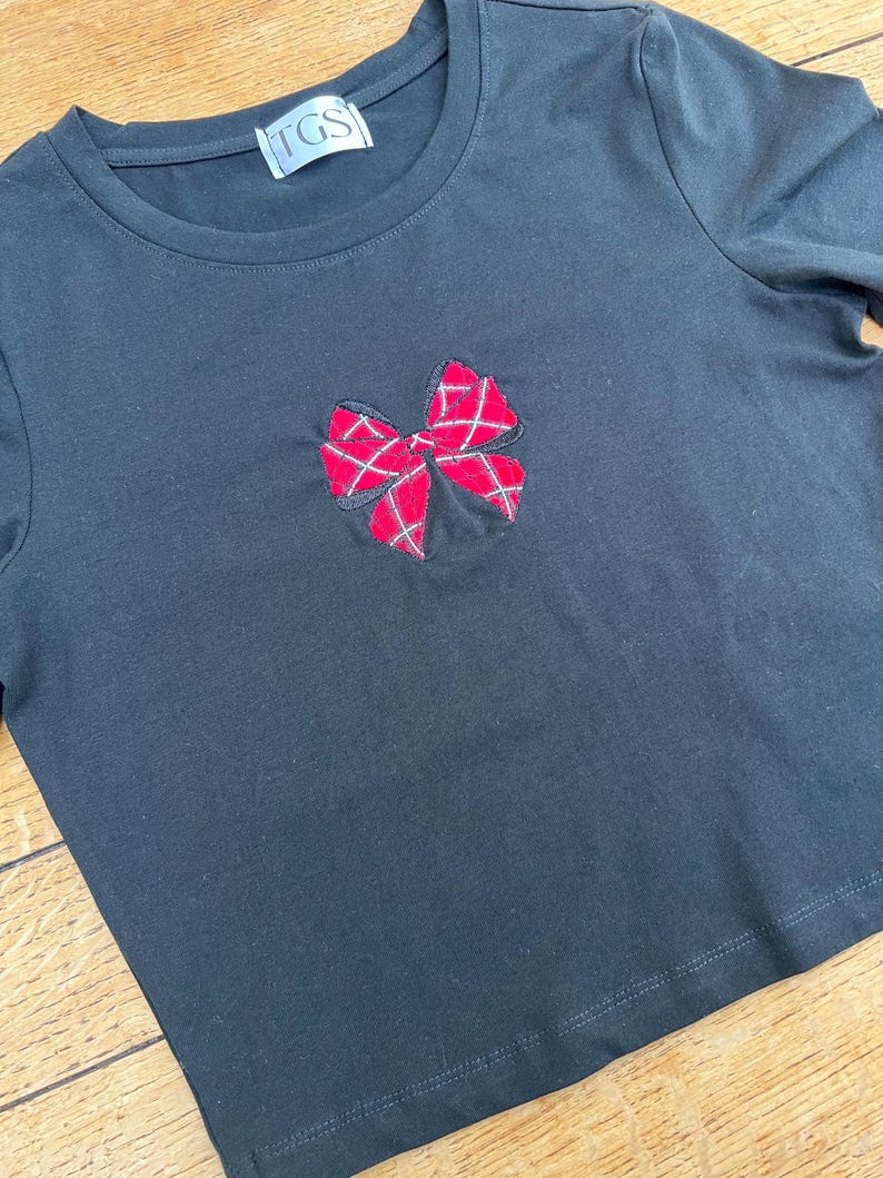 Christmas Bow Baby Tee Crop Top, Embroidery, Tartan, Plaid, Xmas Gifts