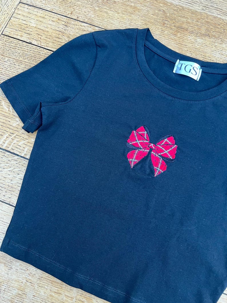Christmas Bow Baby Tee Crop Top, Embroidery, Tartan, Plaid, Xmas Gifts