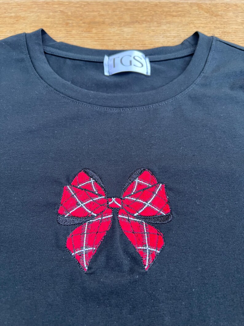 Christmas Bow Baby Tee Crop Top, Embroidery, Tartan, Plaid, Xmas Gifts