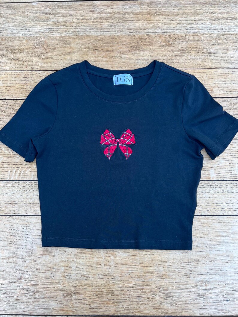 Christmas Bow Baby Tee Crop Top, Embroidery, Tartan, Plaid, Xmas Gifts