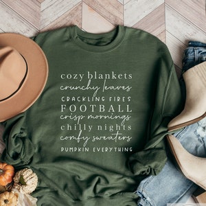 Fall Sweatshirt, Crewneck for Fall, Top for Autumn, Fall Words Cozy Blankets Crunchy Leaves Crackling Fires Football, Women’s Fall Clothing