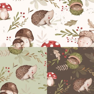 Könnte beinhalten: Aquarellmuster mit Waldtieren und Blättern. Das Design umfasst lächelnde Igel, Pilze, Eicheln und Blätter in Braun-, Grün- und Rottönen auf cremefarbenem Hintergrund. Das Gesamtthema ist eine skurrile Waldszene.