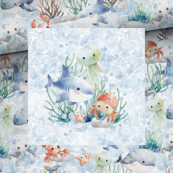 Fabric Sweat French Terry Summer Sweat Maritime Sea Animals Fish Whale Crayfish + optional panel and combination fabrics