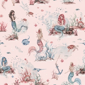 Cotton cotton fabric poplin sea creatures mermaid turtle shells pink from 50 cm