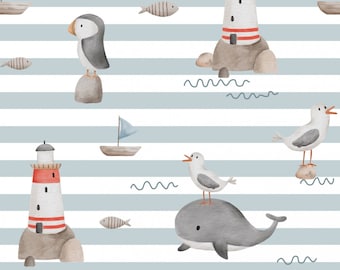 Pre-order! Premium Cotton Maritime Sea Creatures Lighthouse Whale Stripes Seagulls Boat Anchor Gray-Blue from 50 cm
