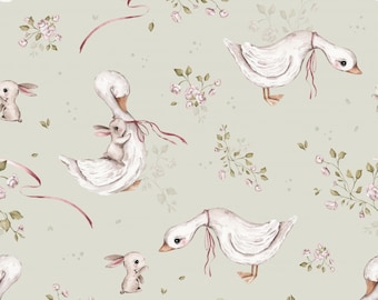 Jersey fabric cotton jersey animal fabric rabbit and goose best friends roses flowers children's fabric soft green from 50 cm