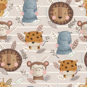 Jersey fabric cotton jersey funny animal faces exotic animals Africa stripes monkey lion giraffe beige from 50 cm