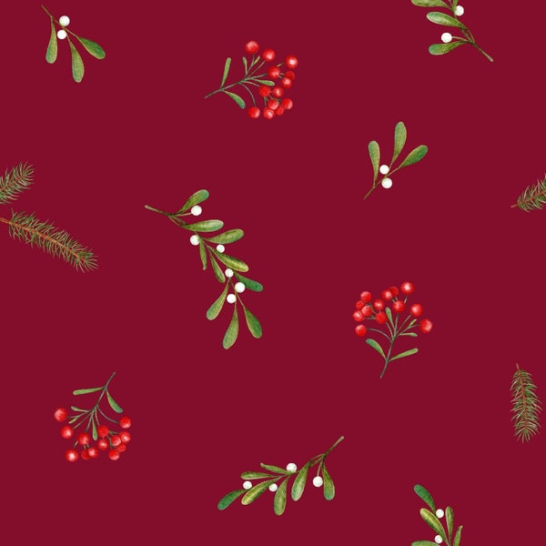 Premium Baumwollstoff Weihnachten Winterstoff Zweige Beeren Mistel Rotbraun Weinrot 155cm breit