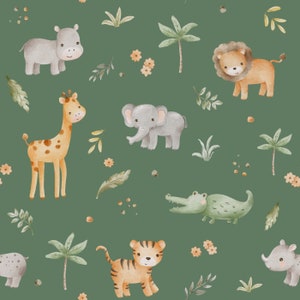 Précommandez ! Tissu Coton Tissu Coton Patchwork Animaux Exotiques Tigre Éléphant Tissu Enfant Vert à partir de 50 cm