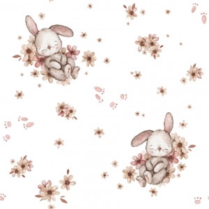 Fabric cotton cotton fabric cute bunnies scattered flowers roses on white from 50 cm