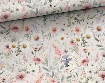 Fabric Jersey Cotton Jersey Floral Summer Flowers Daisies Blossoms Country House Vintage from 50 cm