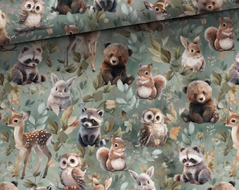 Tissu en coton mignons animaux de la forêt écureuil hibou lapin cerf 155 cm de large