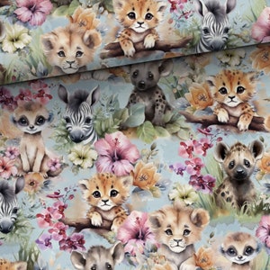 Pre-order! Fabric Jersey Cotton Jersey Animals Africa Lion Zebra Tiger Flowers from 50 cm
