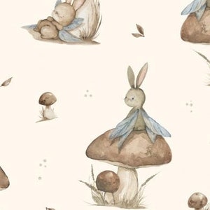 Tissu en coton animaux de la forêt lapins mignons champignons sur crème 155 cm de large