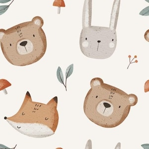 Fabric cotton cotton fabric cute forest animals faces fox rabbit bear mushrooms cream light beige 155 cm wide