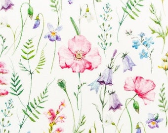 Fabric cotton sold by the meter patchwork flower meadow grasses bluebells poppies 155 cm wide