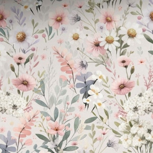 Könnte beinhalten: Ein nahtloses Muster mit verschiedenen rosa, weißen und grauen Blumen auf einem hellgrauen Hintergrund. Die Blumen sind in einem zufälligen Muster angeordnet und von grünen Blättern umgeben.