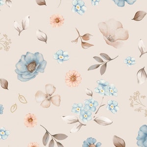Puede incluir: Un patrón sin costuras con delicadas flores de acuarela en tonos azules, rosas y marrones. El diseño incluye varios motivos florales, como nomeolvides, rosas y margaritas, dispuestos sobre un fondo beige claro.