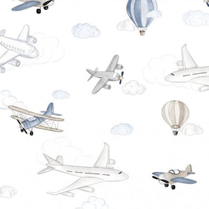 Puede incluir: Un patrón sin costuras con aviones azules y blancos, globos aerostáticos y nubes sobre un fondo blanco.