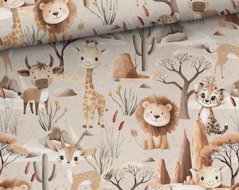 May include: A seamless pattern featuring a variety of safari animals, including giraffes, lions, gazelles, and a leopard. The animals are depicted in a watercolor style on a beige background with cacti, trees, and other desert elements.