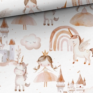 May include: A white background with a watercolor pattern of rainbows, clouds, castles, unicorns, and princesses. The pattern is in shades of pink, brown, and gray.