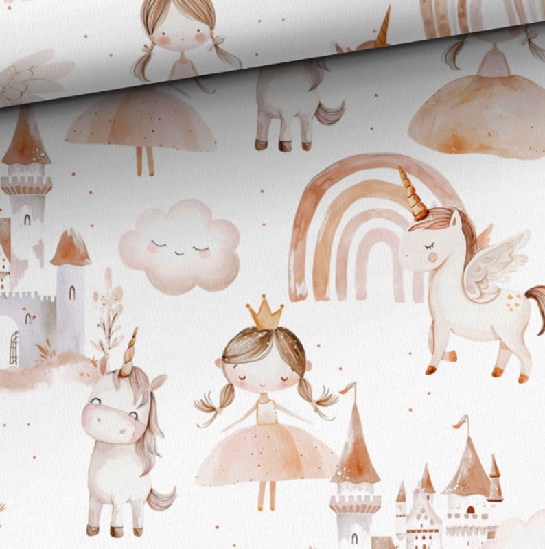 May include: A white background with a watercolor pattern of rainbows, clouds, castles, unicorns, and princesses. The pattern is in shades of pink, brown, and gray.