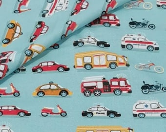 Fabric cotton sold by the meter vehicles car fire brigade 155 cm wide